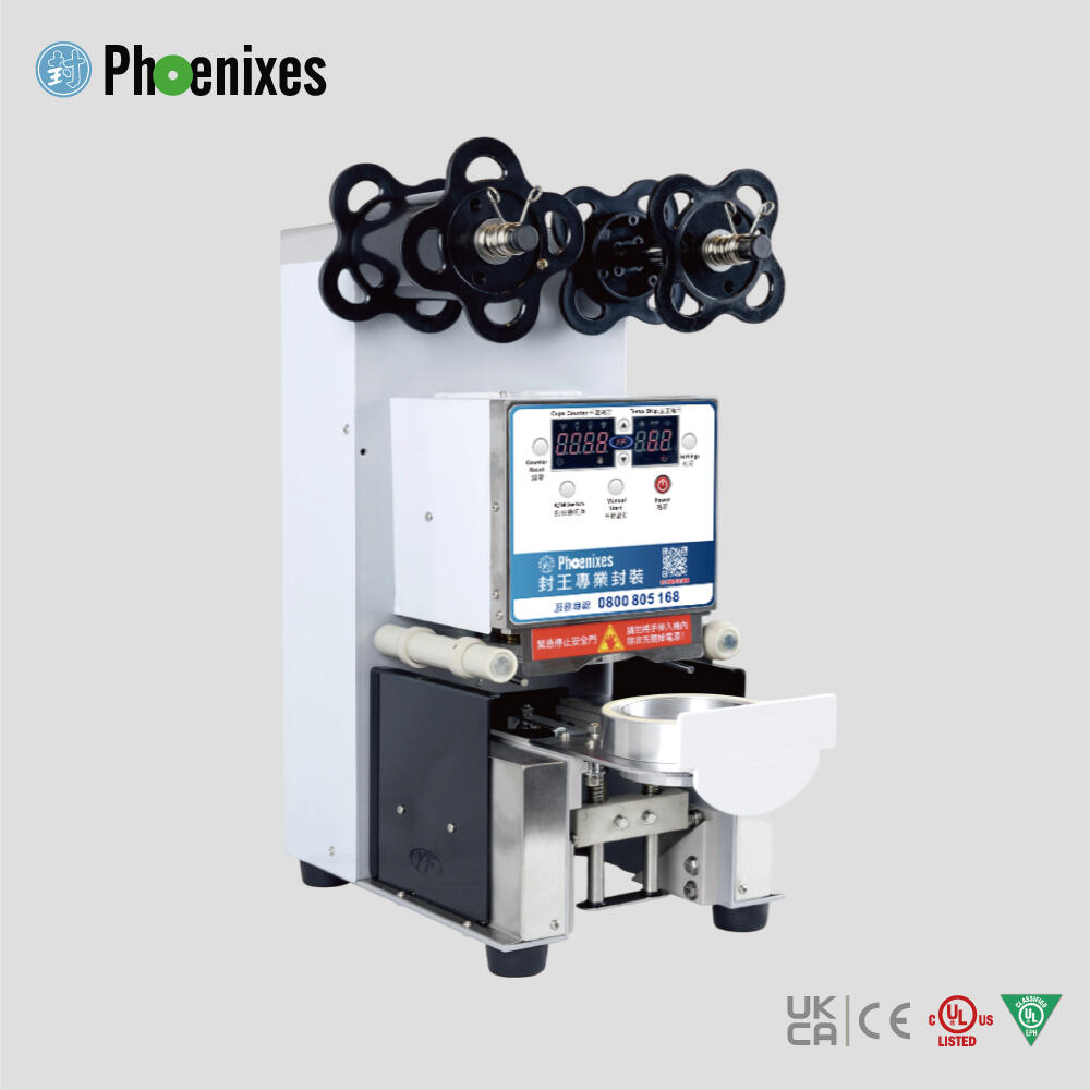PH-999SN cup sealer in operation, demonstrating sealing of beverage cups