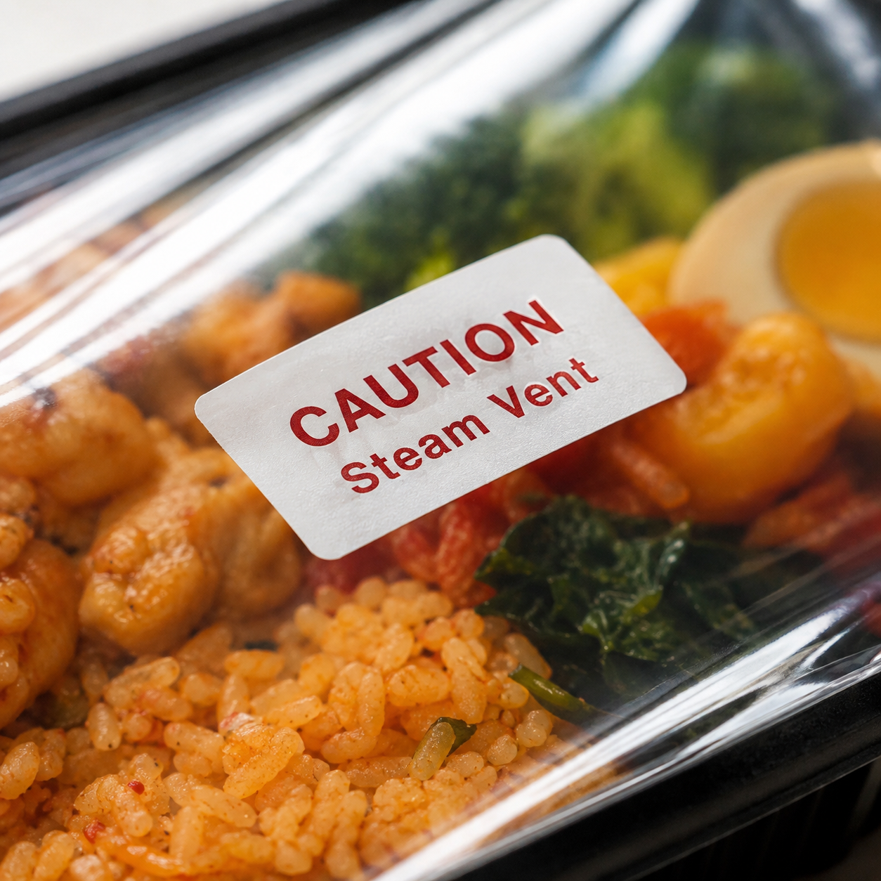 Phoenixes Microwave Self-venting Sticker applied to a clear ready-meal container to help release steam during microwave heating