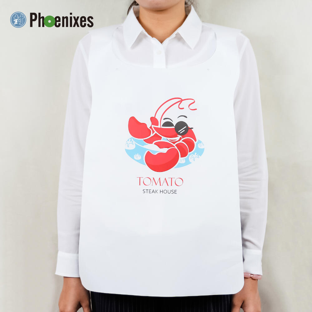 Front view of a person wearing a white stone paper bib with restaurant logo